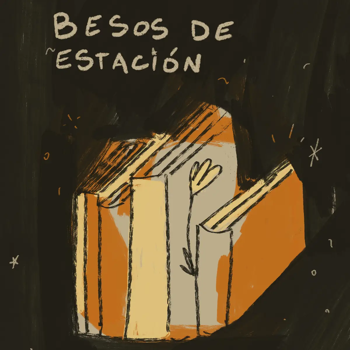 Orange and cream books leaning in the dark, with “Besos de estación” hand-lettered
