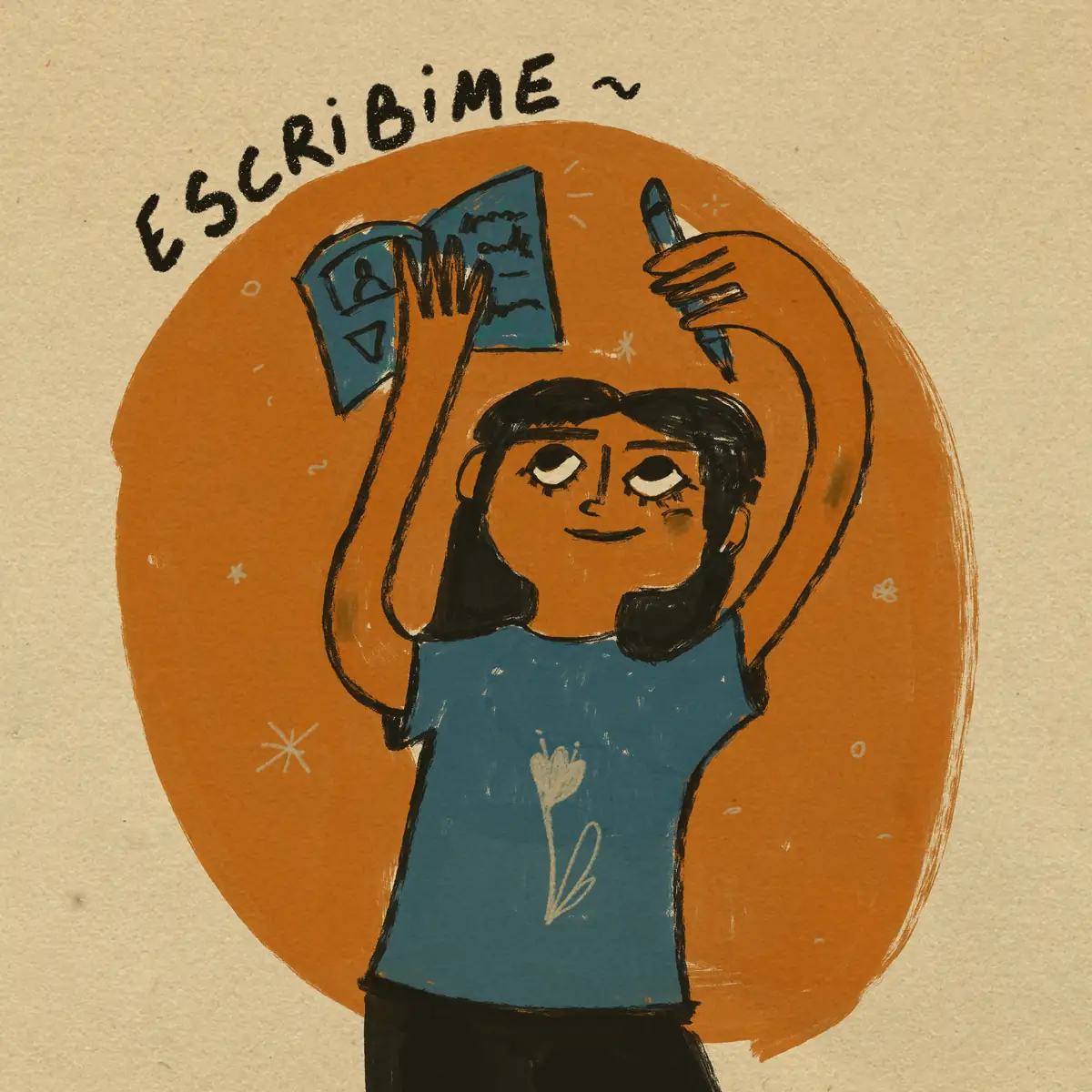 Nat on an orange circle holding a book and a pencil, with “Escribime” hand-lettered