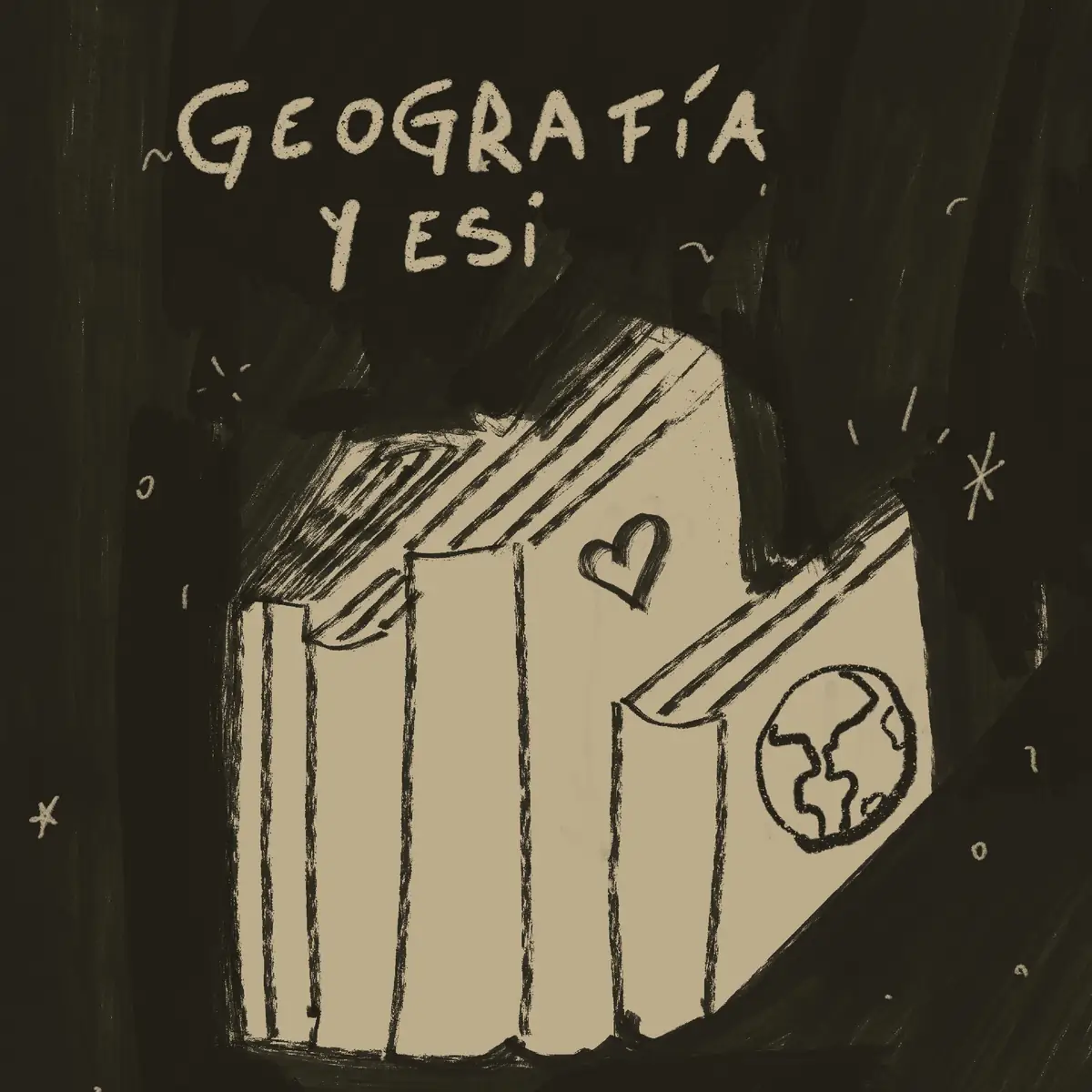 Cream-coloured books with a drawn globe, with “Geografía y ESI” hand-lettered