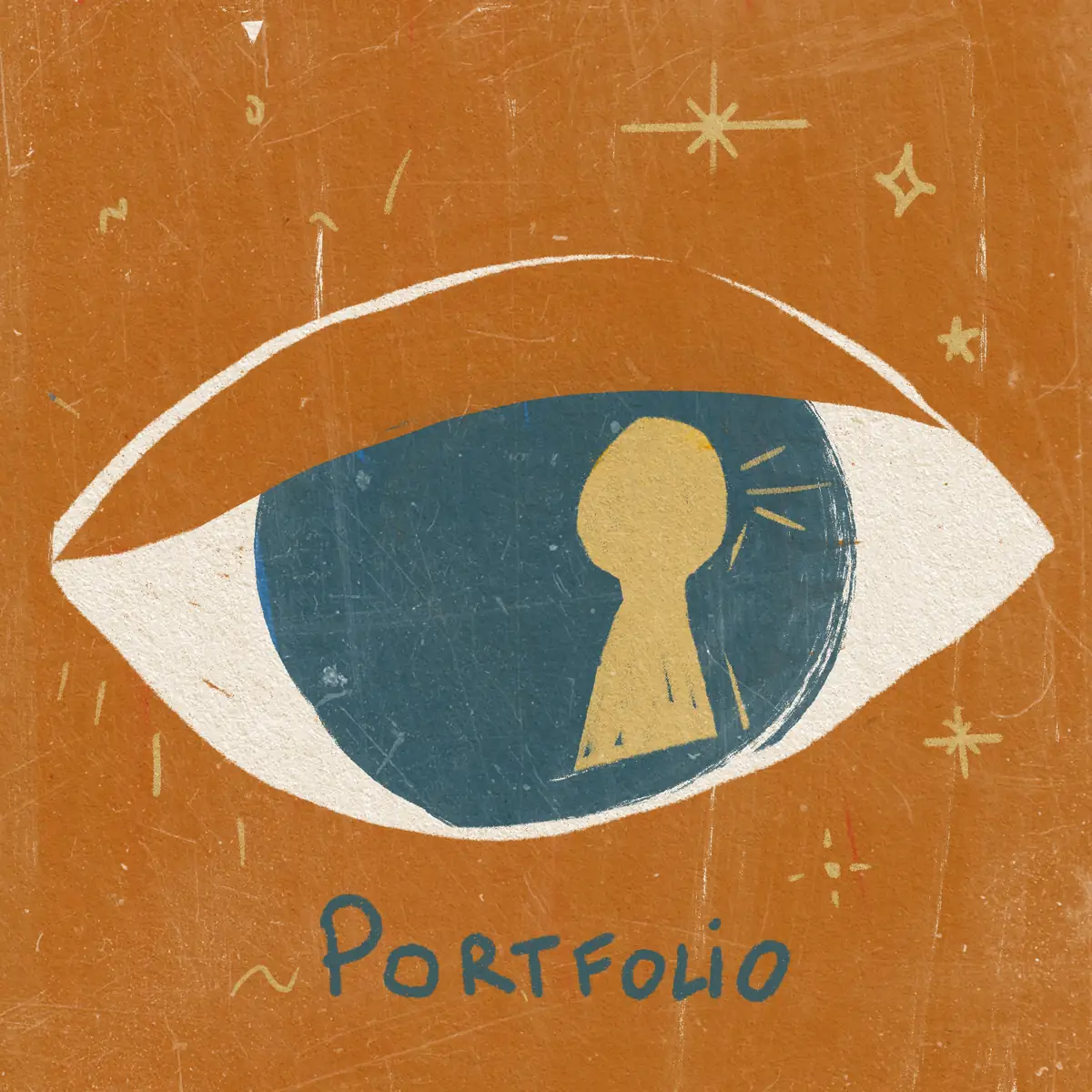 A large eye with a keyhole for a pupil on an orange background, with the word “Portfolio” hand-lettered
