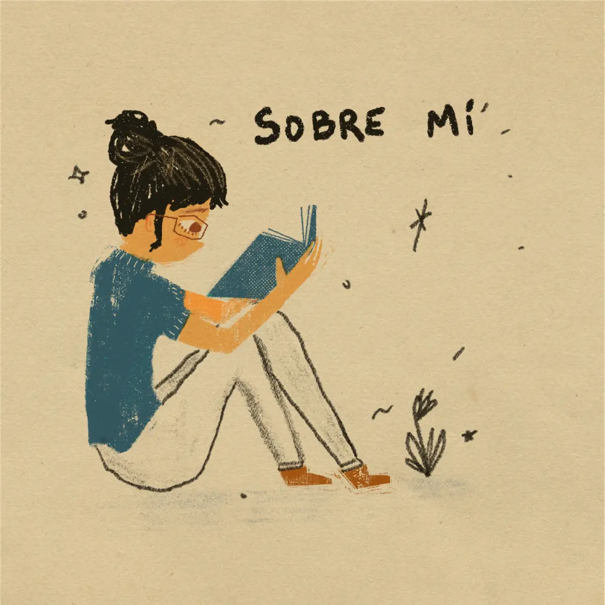 Nat sitting and reading on a cream background, with “Sobre mí” hand-lettered
