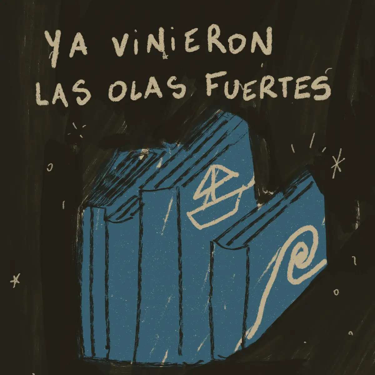 Open blue books on a dark background, with “Ya vinieron las olas fuertes” hand-lettered